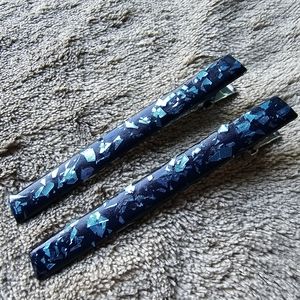 2 Hair Clips Blue Sea Glass Glitter Accessories Barrettes Hand Painted Indie
